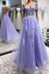 Off Shoulder Lavender Lace Long Semi Formal Prom Dresses, Lilac Lace Semi Formal Prom Dresses, Purple Evening Dresses